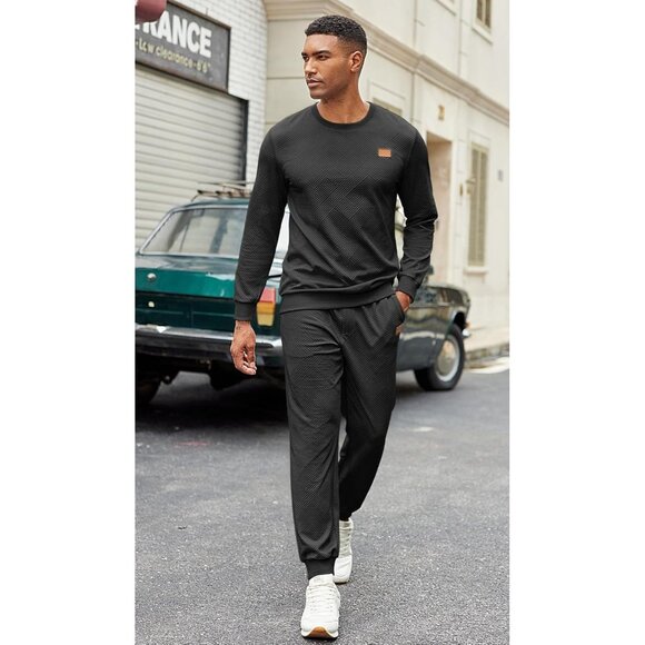 Men's 2 Piece Sweat suit Jogging Suit Sets Long Sleeve Jacquard Shirt Black - Picture 8 of 8